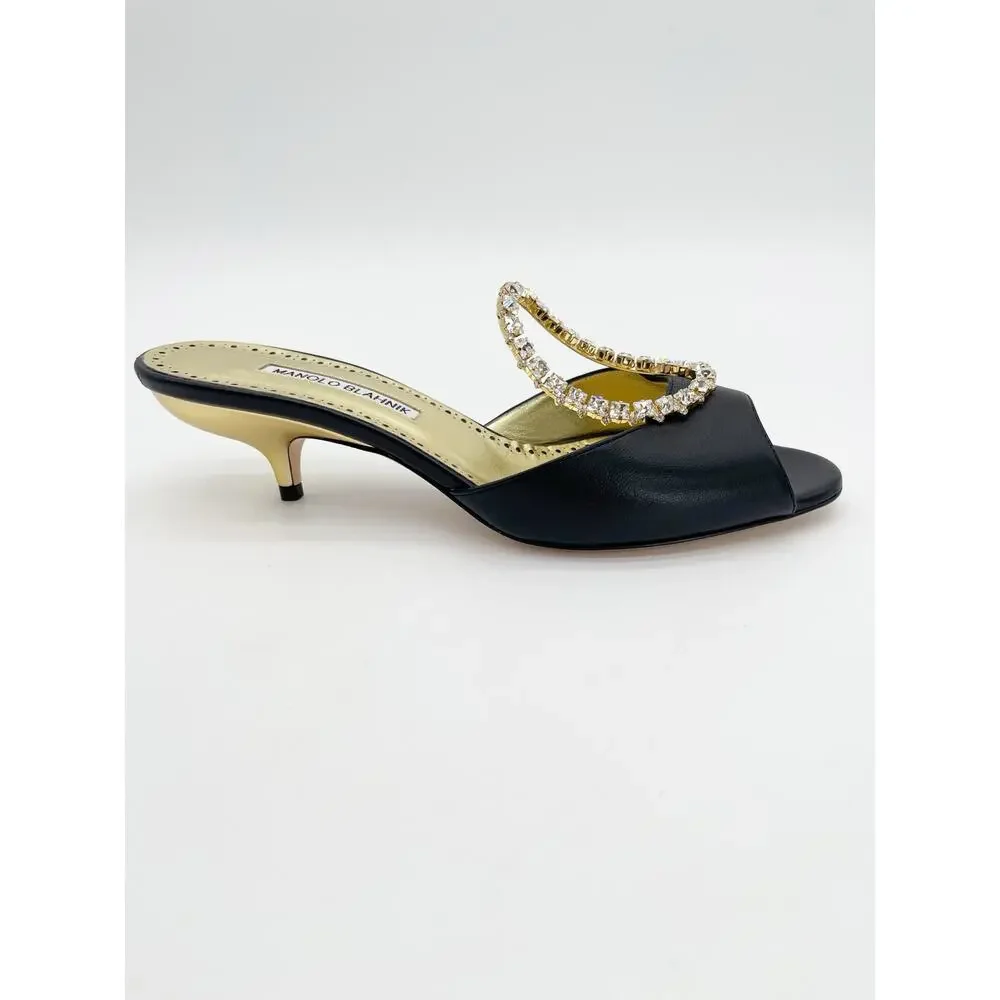 Manolo Blahnik Astria Black Gold Leather Crystal Ring Slide Mule Sandals IT 39